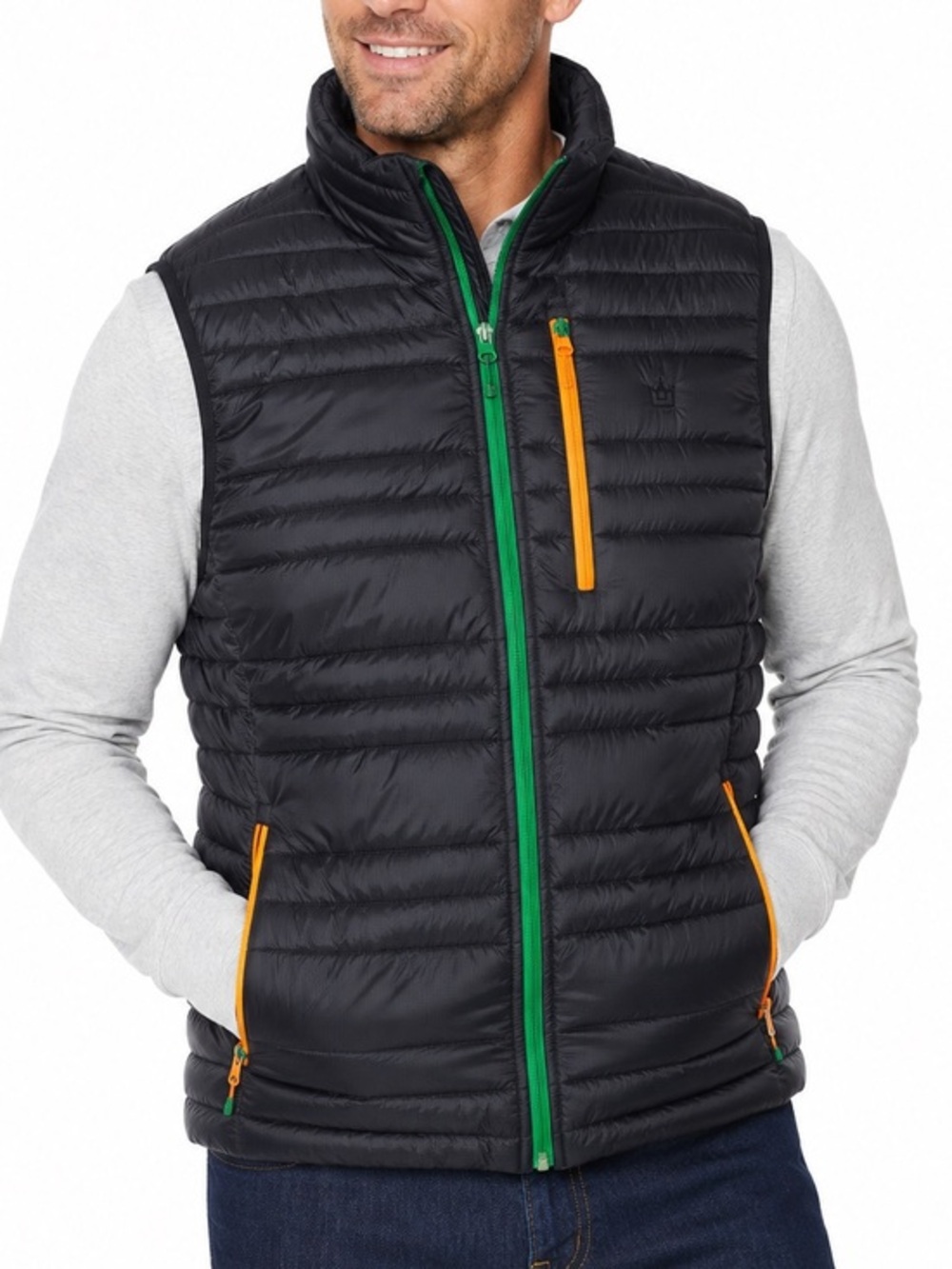 DraftKings Hexa Custom Men’s Large Duck Down Puffer Vest Black Green Orange Zip